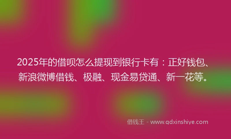 2025年的借呗怎么提现到银行卡有：正好钱包、新浪微博借钱、极融、现金易贷通、新一花等。