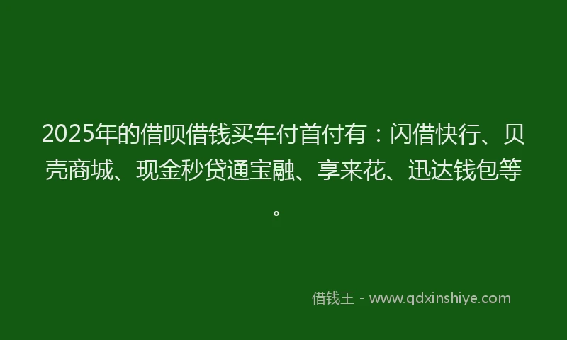 2025年的借呗借钱买车付首付有:闪借快行、贝壳商城、现金秒贷通宝融、享来花、迅达钱包等。