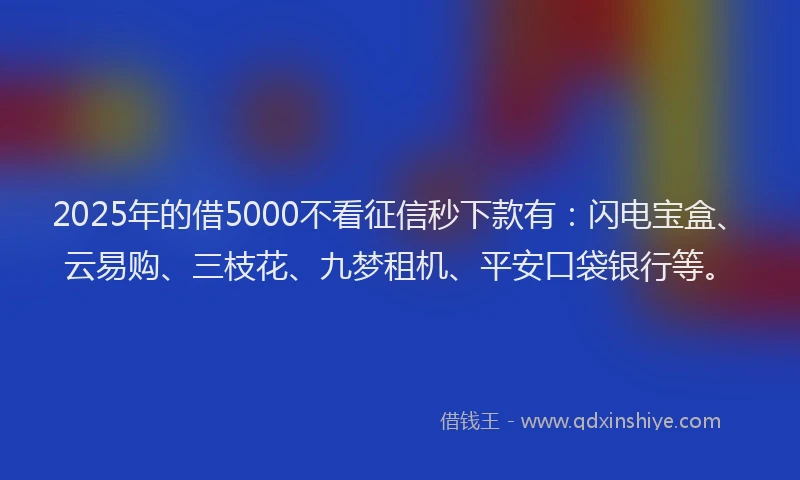 2025年的借5000不看征信秒下款有：闪电宝盒、云易购、三枝花、九梦租机、平安口袋银行等。
