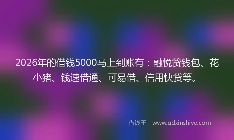 2026年的借钱5000马上到账有：融悦贷钱包、花小猪、钱速借通、可易借、信用快贷等。