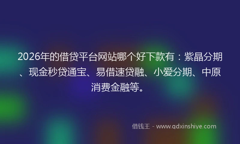 2026年的借贷平台网站哪个好下款有:紫晶分期、现金秒贷通宝、易借速贷融、小爱分期、中原消费金融等。