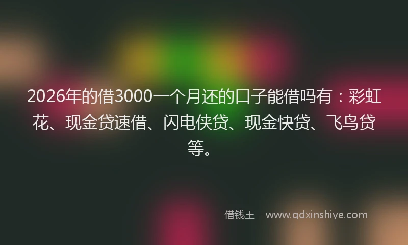 2026年的借3000一个月还的口子能借吗有：彩虹花、现金贷速借、闪电侠贷、现金快贷、飞鸟贷等。