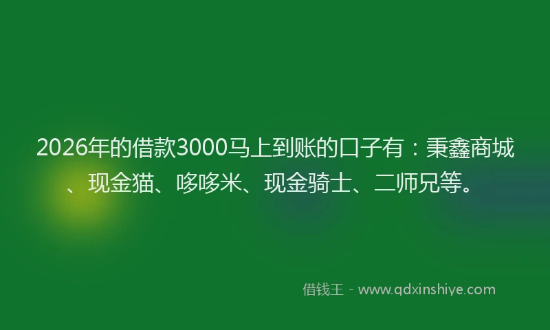 2026年的借款3000马上到账的口子有：秉鑫商城、现金猫、哆哆米、现金骑士、二师兄等。