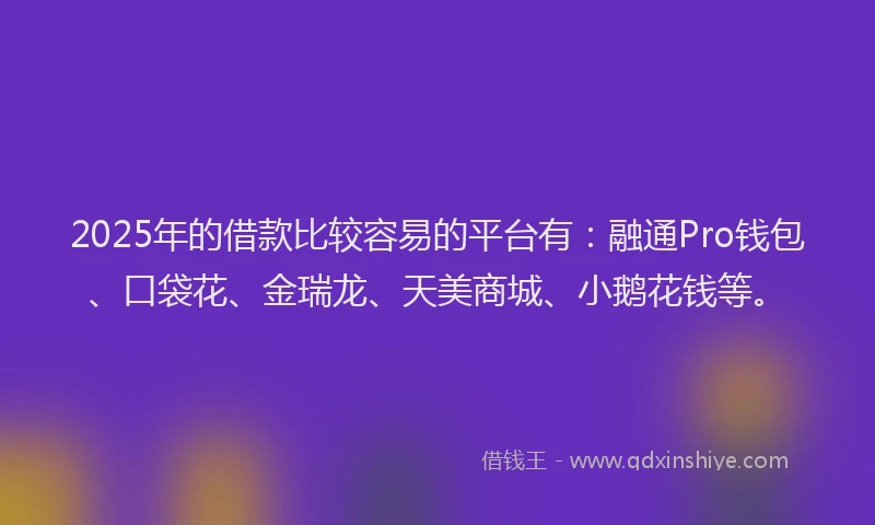2025年的借款比较容易的平台有：融通Pro钱包、口袋花、金瑞龙、天美商城、小鹅花钱等。