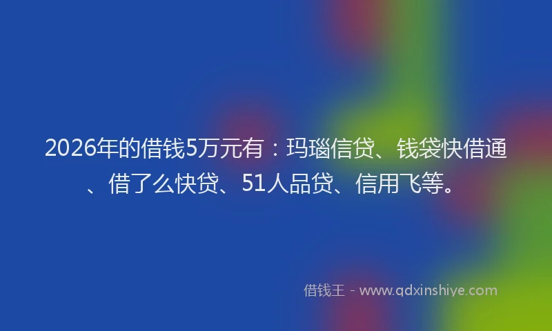 2026年的借钱5万元有:玛瑙信贷、钱袋快借通、借了么快贷、51人品贷、信用飞等。