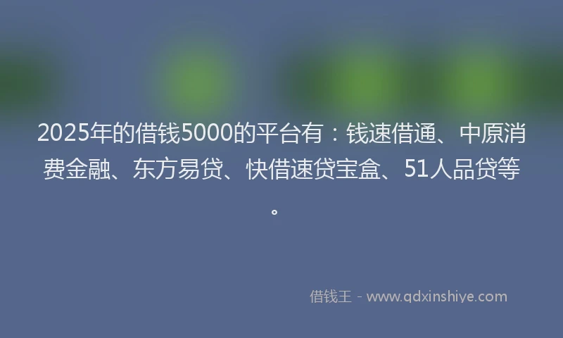 2025年的借钱5000的平台有：钱速借通、中原消费金融、东方易贷、快借速贷宝盒、51人品贷等。