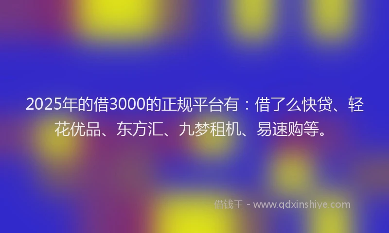 2025年的借3000的正规平台有：借了么快贷、轻花优品、东方汇、九梦租机、易速购等。