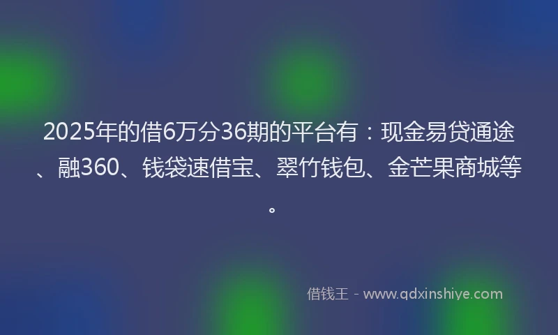2025年的借6万分36期的平台有：现金易贷通途、融360、钱袋速借宝、翠竹钱包、金芒果商城等。