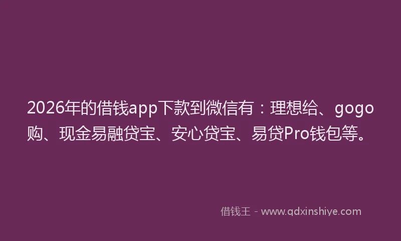 2026年的借钱app下款到微信有：理想给、gogo购、现金易融贷宝、安心贷宝、易贷Pro钱包等。