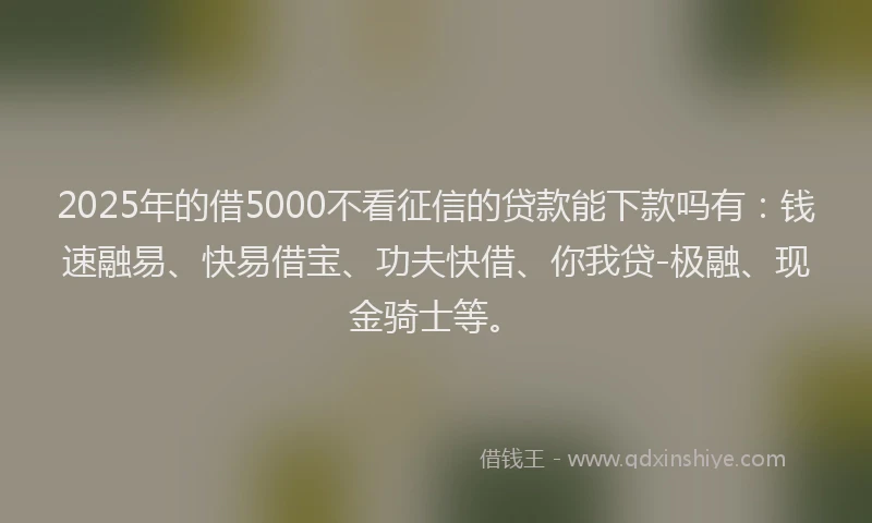 2025年的借5000不看征信的贷款能下款吗有：钱速融易、快易借宝、功夫快借、你我贷-极融、现金骑士等。