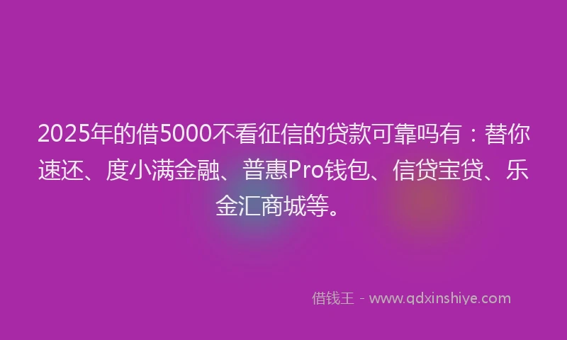 2025年的借5000不看征信的贷款可靠吗有：替你速还、度小满金融、普惠Pro钱包、信贷宝贷、乐金汇商城等。