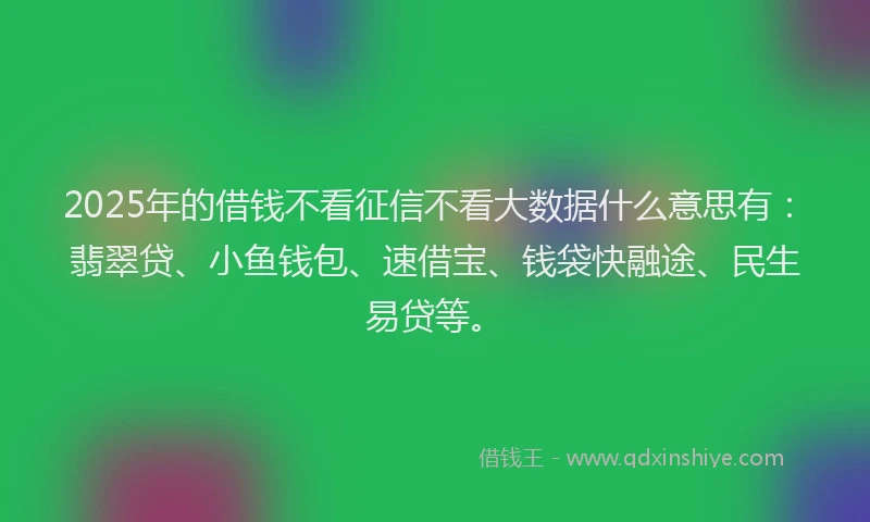 2025年的借钱不看征信不看大数据什么意思有:翡翠贷、小鱼钱包、速借宝、钱袋快融途、民生易贷等。