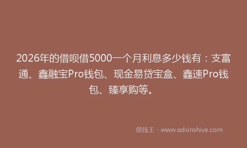 2026年的借呗借5000一个月利息多少钱有：支富通、鑫融宝Pro钱包、现金易贷宝盒、鑫速Pro钱包、臻享购等。