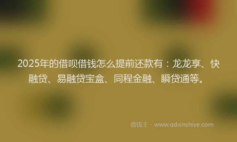 2025年的借呗借钱怎么提前还款有：龙龙享、快融贷、易融贷宝盒、同程金融、瞬贷通等。