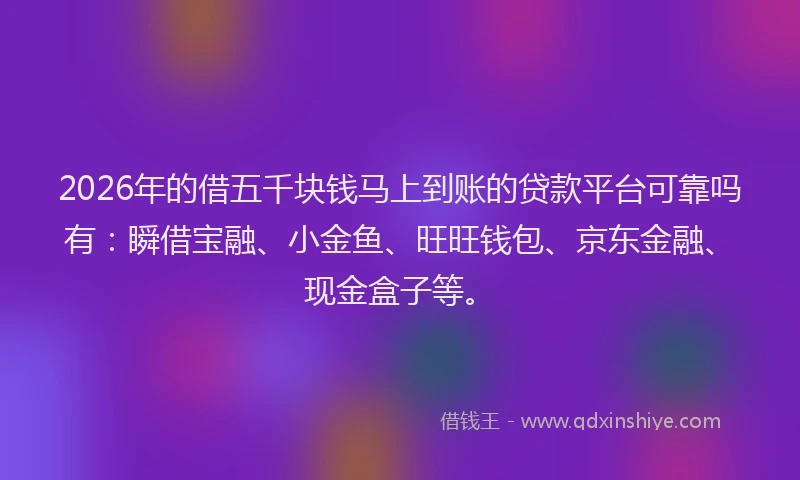 2026年的借五千块钱马上到账的贷款平台可靠吗有:瞬借宝融、小金鱼、旺旺钱包、京东金融、现金盒子等。