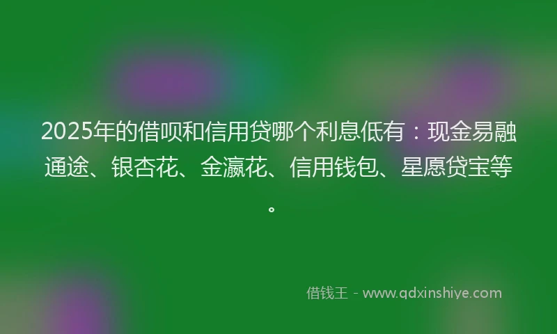 2025年的借呗和信用贷哪个利息低有:现金易融通途、银杏花、金瀛花、信用钱包、星愿贷宝等。