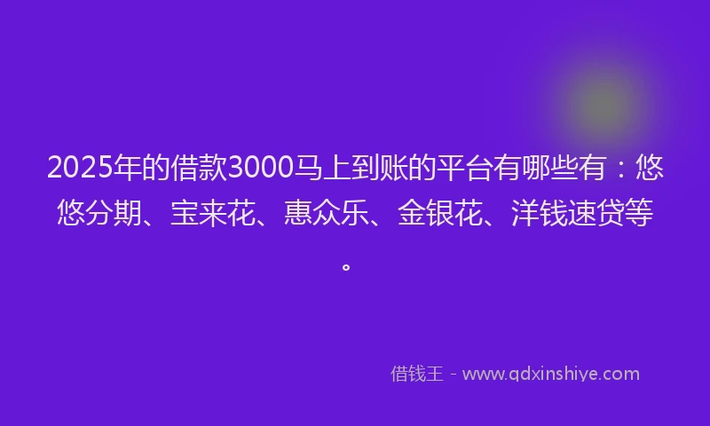 2025年的借款3000马上到账的平台有哪些有:悠悠分期、宝来花、惠众乐、金银花、洋钱速贷等。