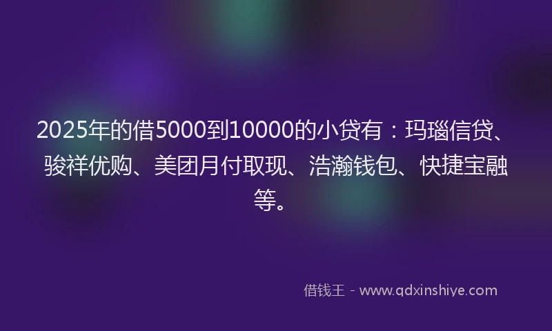 2025年的借5000到10000的小贷有：玛瑙信贷、骏祥优购、美团月付取现、浩瀚钱包、快捷宝融等。