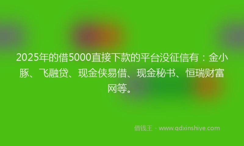 2025年的借5000直接下款的平台没征信有：金小豚、飞融贷、现金侠易借、现金秘书、恒瑞财富网等。