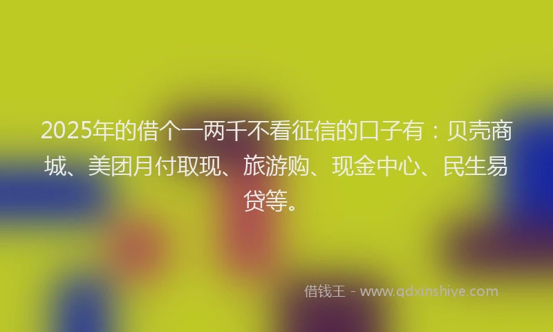 2025年的借个一两千不看征信的口子有：贝壳商城、美团月付取现、旅游购、现金中心、民生易贷等。