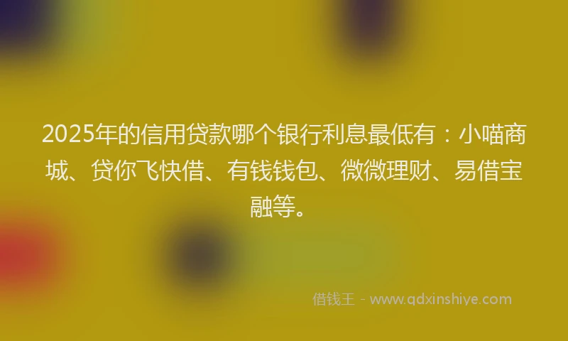 2025年的信用贷款哪个银行利息最低有：小喵商城、贷你飞快借、有钱钱包、微微理财、易借宝融等。
