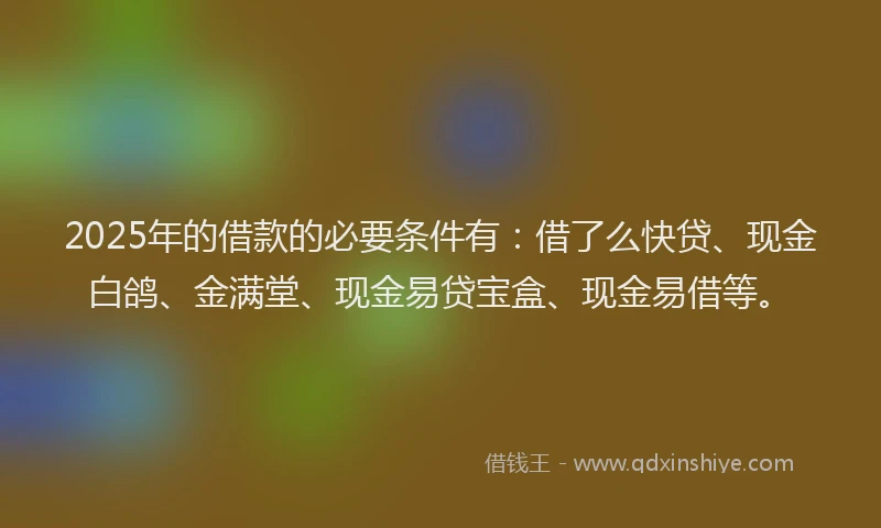 2025年的借款的必要条件有:借了么快贷、现金白鸽、金满堂、现金易贷宝盒、现金易借等。