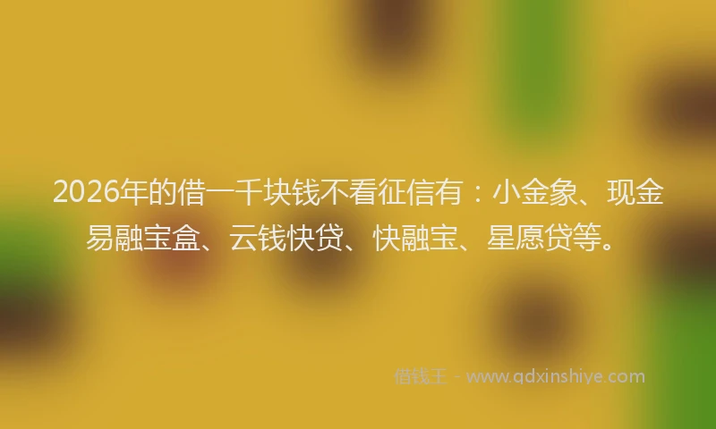 2026年的借一千块钱不看征信有：小金象、现金易融宝盒、云钱快贷、快融宝、星愿贷等。