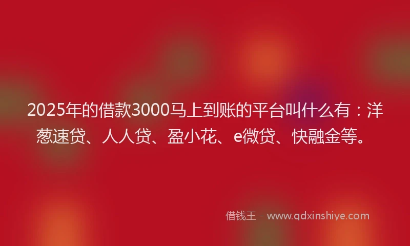 2025年的借款3000马上到账的平台叫什么有：洋葱速贷、人人贷、盈小花、e微贷、快融金等。