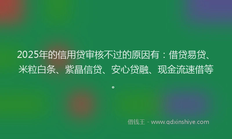 2025年的信用贷审核不过的原因有：借贷易贷、米粒白条、紫晶信贷、安心贷融、现金流速借等。