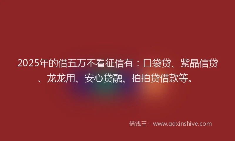 2025年的借五万不看征信有:口袋贷、紫晶信贷、龙龙用、安心贷融、拍拍贷借款等。