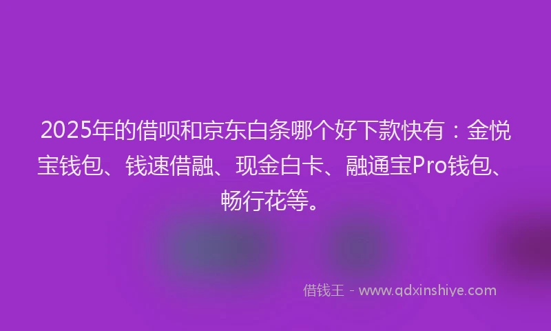 2025年的借呗和京东白条哪个好下款快有:金悦宝钱包、钱速借融、现金白卡、融通宝Pro钱包、畅行花等。