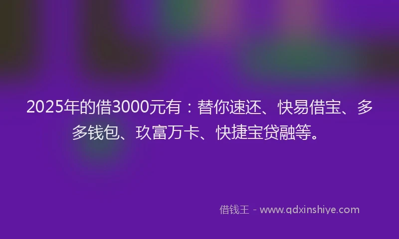 2025年的借3000元有：替你速还、快易借宝、多多钱包、玖富万卡、快捷宝贷融等。