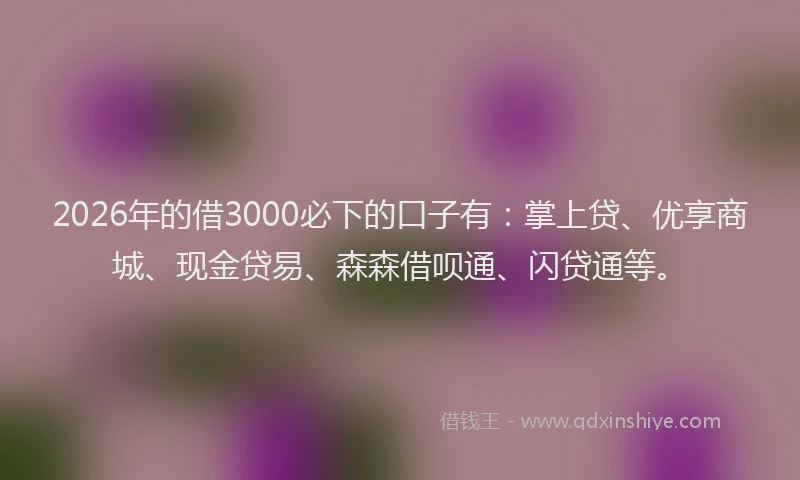 2026年的借3000必下的口子有：掌上贷、优享商城、现金贷易、森森借呗通、闪贷通等。