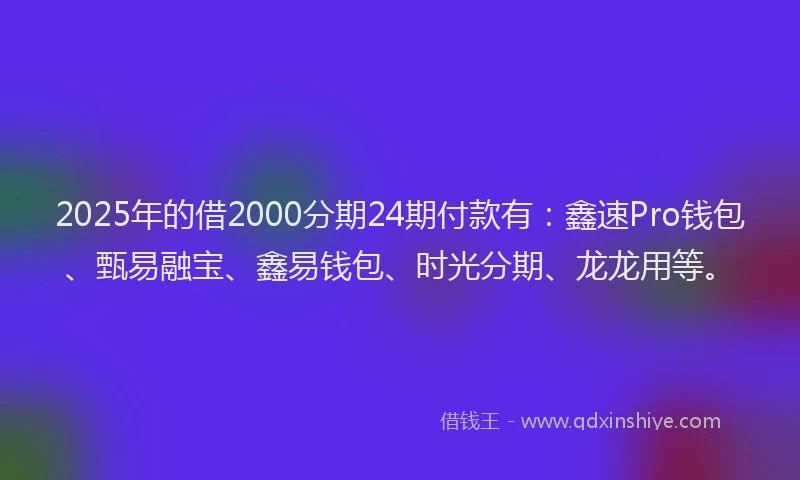2025年的借2000分期24期付款有:鑫速Pro钱包、甄易融宝、鑫易钱包、时光分期、龙龙用等。