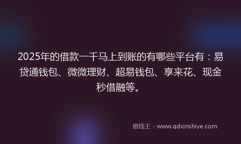 2025年的借款一千马上到账的有哪些平台有：易贷通钱包、微微理财、超易钱包、享来花、现金秒借融等。