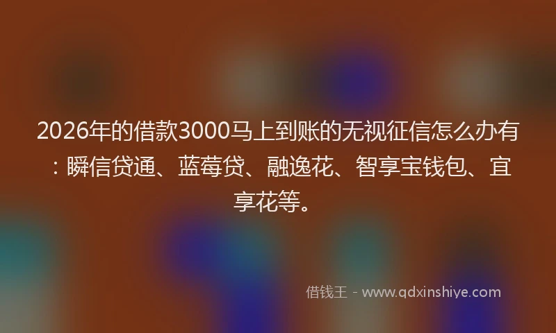 2026年的借款3000马上到账的无视征信怎么办有：瞬信贷通、蓝莓贷、融逸花、智享宝钱包、宜享花等。