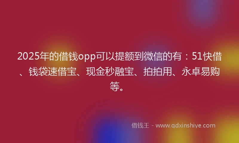 2025年的借钱opp可以提额到微信的有：51快借、钱袋速借宝、现金秒融宝、拍拍用、永卓易购等。