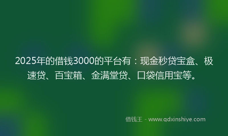 2025年的借钱3000的平台有：现金秒贷宝盒、极速贷、百宝箱、金满堂贷、口袋信用宝等。