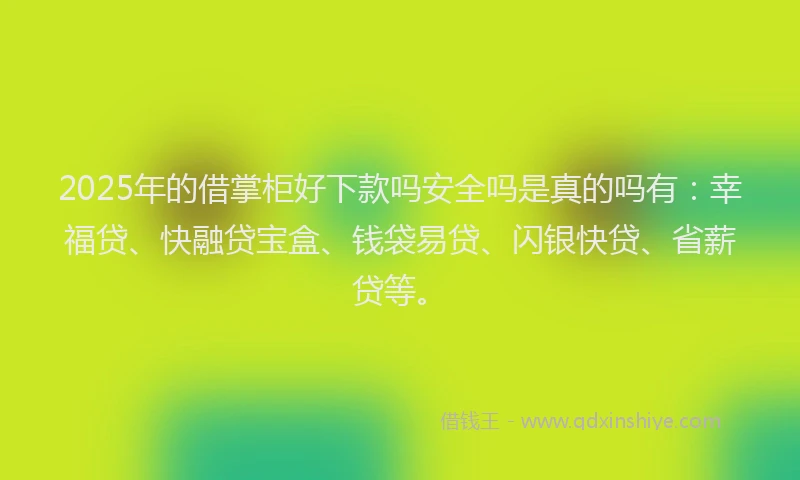 2025年的借掌柜好下款吗安全吗是真的吗有：幸福贷、快融贷宝盒、钱袋易贷、闪银快贷、省薪贷等。