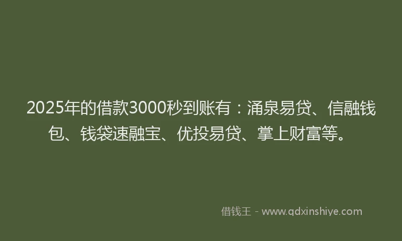 2025年的借款3000秒到账有：涌泉易贷、信融钱包、钱袋速融宝、优投易贷、掌上财富等。