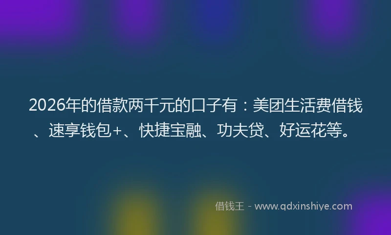 2026年的借款两千元的口子有:美团生活费借钱、速享钱包+、快捷宝融、功夫贷、好运花等。