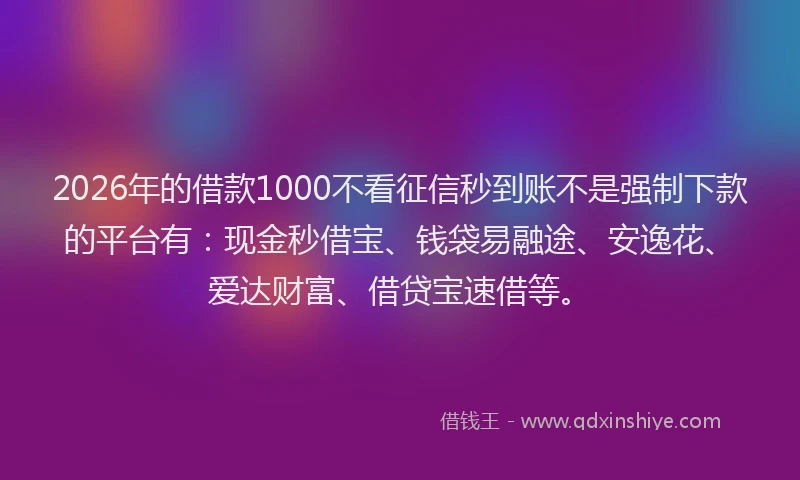 2026年的借款1000不看征信秒到账不是强制下款的平台有：现金秒借宝、钱袋易融途、安逸花、爱达财富、借贷宝速借等。