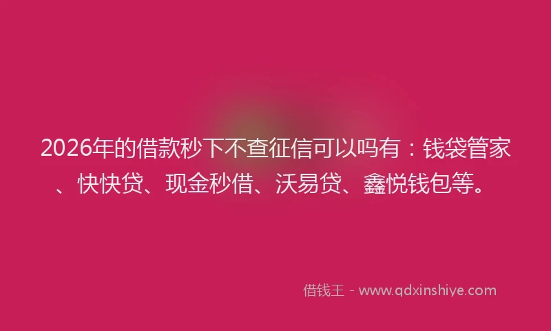 2026年的借款秒下不查征信可以吗有:钱袋管家、快快贷、现金秒借、沃易贷、鑫悦钱包等。