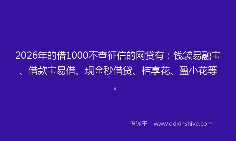2026年的借1000不查征信的网贷有:钱袋易融宝、借款宝易借、现金秒借贷、桔享花、盈小花等。