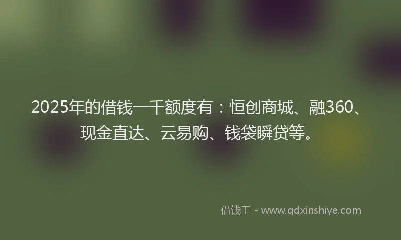 2025年的借钱一千额度有：恒创商城、融360、现金直达、云易购、钱袋瞬贷等。