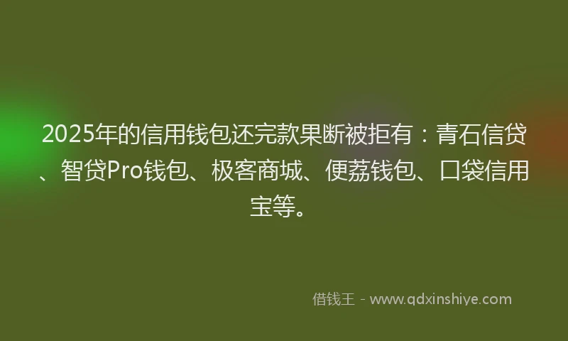 2025年的信用钱包还完款果断被拒有:青石信贷、智贷Pro钱包、极客商城、便荔钱包、口袋信用宝等。