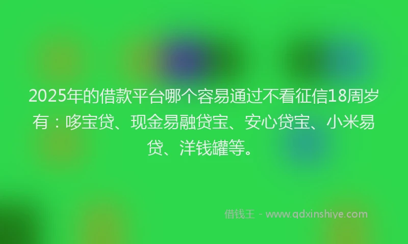 2025年的借款平台哪个容易通过不看征信18周岁有：哆宝贷、现金易融贷宝、安心贷宝、小米易贷、洋钱罐等。