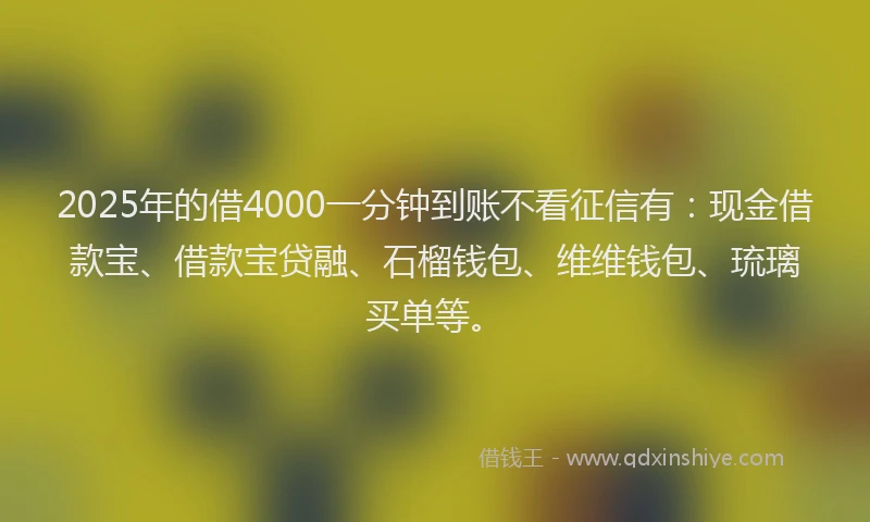 2025年的借4000一分钟到账不看征信有：现金借款宝、借款宝贷融、石榴钱包、维维钱包、琉璃买单等。