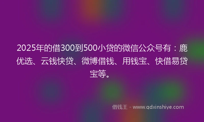 2025年的借300到500小贷的微信公众号有:鹿优选、云钱快贷、微博借钱、用钱宝、快借易贷宝等。