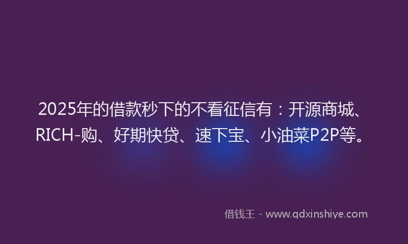 2025年的借款秒下的不看征信有：开源商城、RICH-购、好期快贷、速下宝、小油菜P2P等。